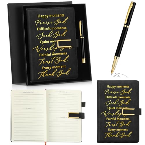 Geyoga 1 Set Christian Bible Verse Gift Leather Prayer Journal with Pen A6 100 Sheets Bible Study Notebook Kit Religious Gift for Church Pastor Men Women Baptism Sunday School Valentine Easter