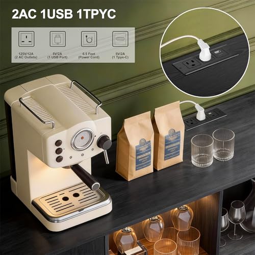 Image of DHH 55 inch Wine Bar Cabinet with Storage, Fluted Liquor & Coffee Bar Cabinet with Wine Rack and Glass Holder, Buffet Sideboard with LED Lights for Home Kitchen Living Dining Room(Black)
