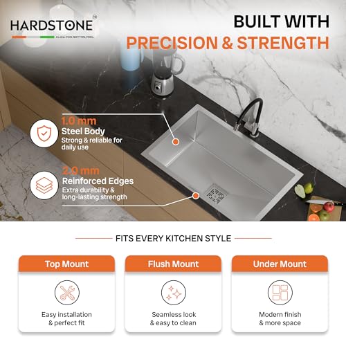 Image of HARDSTONE Premium Kitchen Sink | Single Bowl 24x18x9 Inch | Grade Stainless Steel Matte Finish | Handmade Heavy Duty Wash Basin for Modern Homes | Includes Waste Pipe, Coupling & Basket | Silver