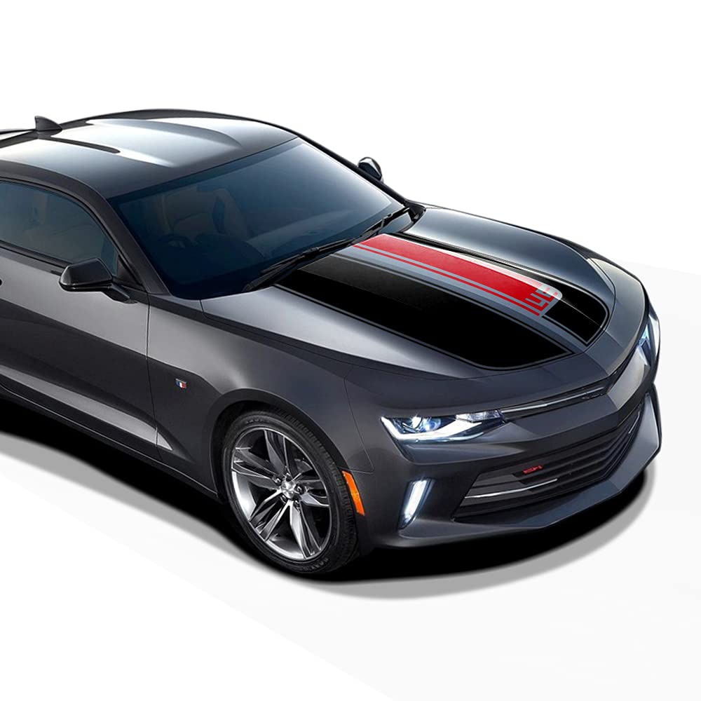 Rally Racing Hood and Trunk Stripes Graphics Kit Vinyl Decal Wrap Sticker for Chevrolet Camaro 2016-2020 Accessories (Gloss Black +Gloss Red)