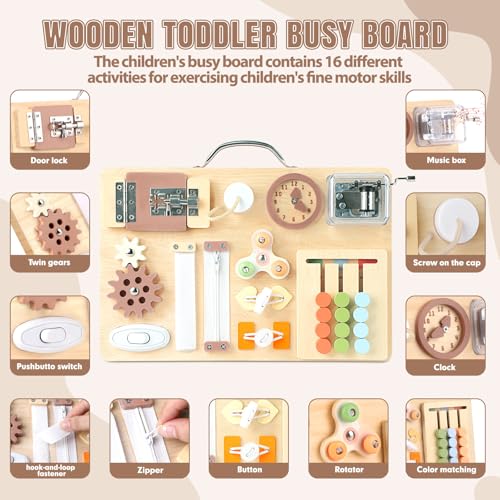 Hoarosall Montessori Busy Board for Toddlers 16-in-1 Wooden Sensory Activity Board with Music Box Fine Motor Skills Learning Toy Preschool Educational Travel Gift for Boys Girls Ages 1-3 - Image 2
