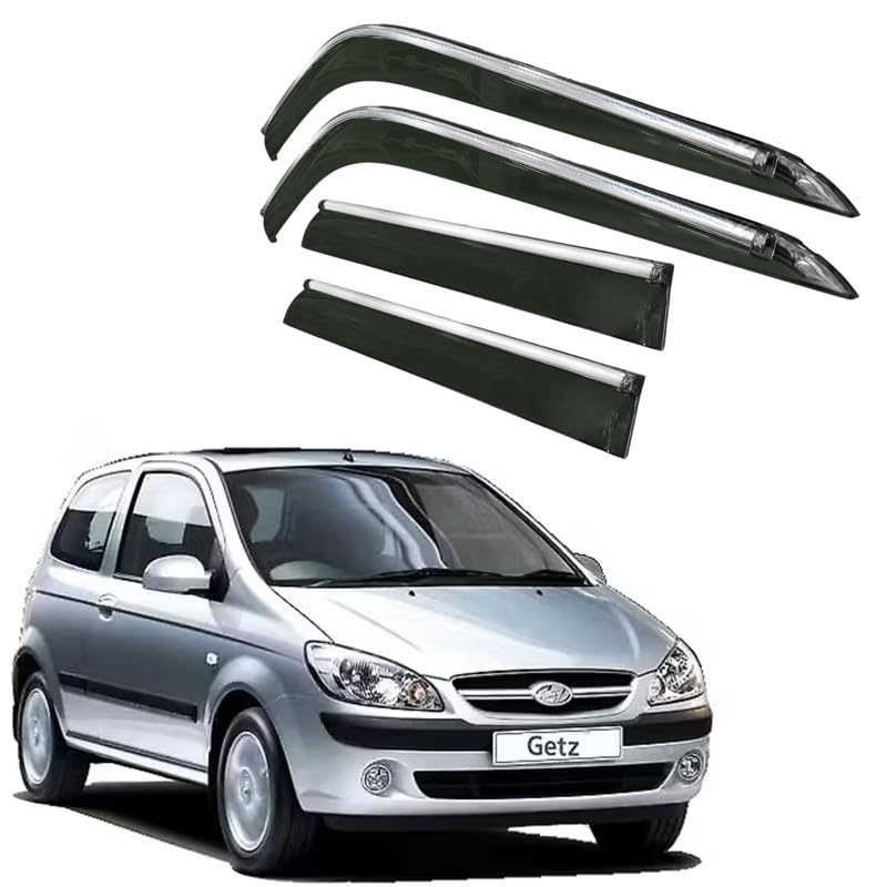 Image of CAR SAAZ Side Door Visors for Getz (2007-2010)(Set of 4Pcs)|Chrome Lined Rain Guards, Polycarbonate, Smoke Finish