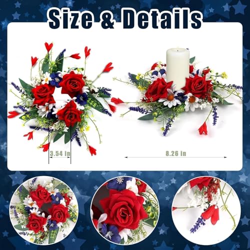 Image of 6 Pcs 4th of July Red White and Blue Candle Rings Wreath 3 Inch Patriotic Candle Rings Mini Wreath American Independence Day Rings Wreaths for Table Window Door Decor