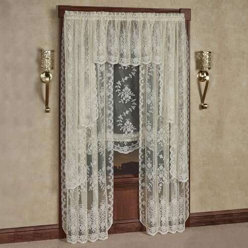 Luxury Sheer Polyester Fiona Lace Window Treatment | 5 Piece Set: Balloon Shade, 63L Swag Pair, 84L Panel Pair, Insert Valance | Timeless Classic Traditional | Ivory | Rod Pocket | Machine Washable