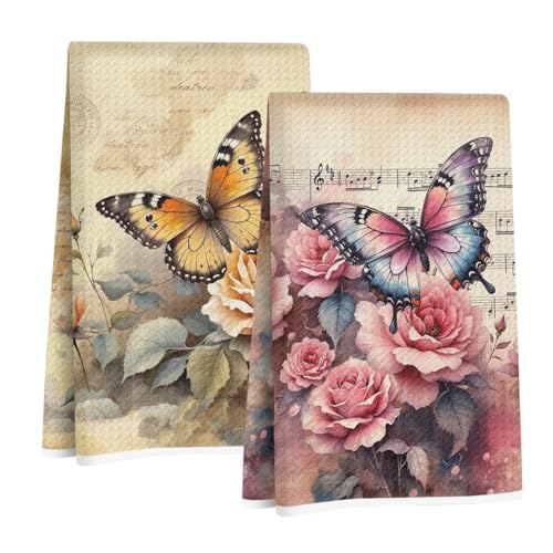 2 Pcs Vintage Butterfly Kitchen Towels, Flower Soft Absorbent Hand Towels