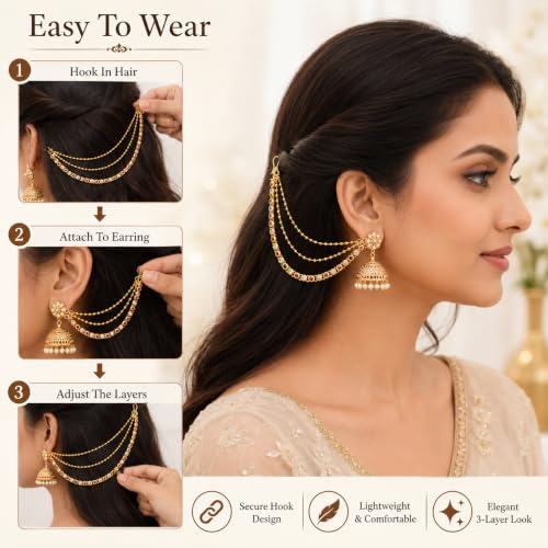 Image of Traditional 3-Layer Ear Chains (Mattal) with Sparkling Round Multi Colors Stones | Champaswaralu Kaan Chain for Heavy Jhumka Support | Artificial Indian Bridal Hair Accessories