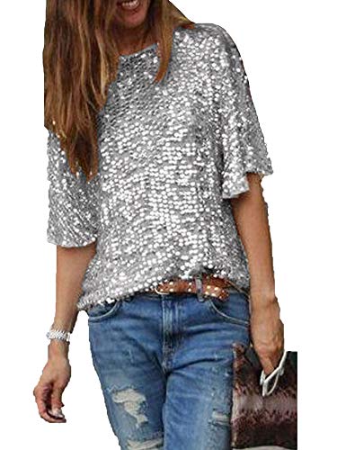 XIAOSHI Women 's Full Sequin Tops Glitter Party Shirt Short Sleeve Sparkle Blouses T-Shirt (Silver, M)