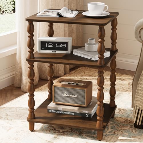 Yoobure Small Side Table - Vintage End Tables Living Room with Spindle Legs Accent Night Stand with 3-Tier Storage Shelf Wood Nightstand for Bedroom Bedside Table for Narrow Spaces Walnut