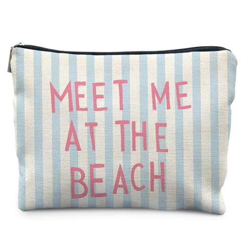 Likjad Coastal Beach Makeup Bag Blue Striped Beachy Cosmetic Bags for Women Meet Me at the Beach Girly Makeup Pouch Ocean Themed Gift Zipper Pouch