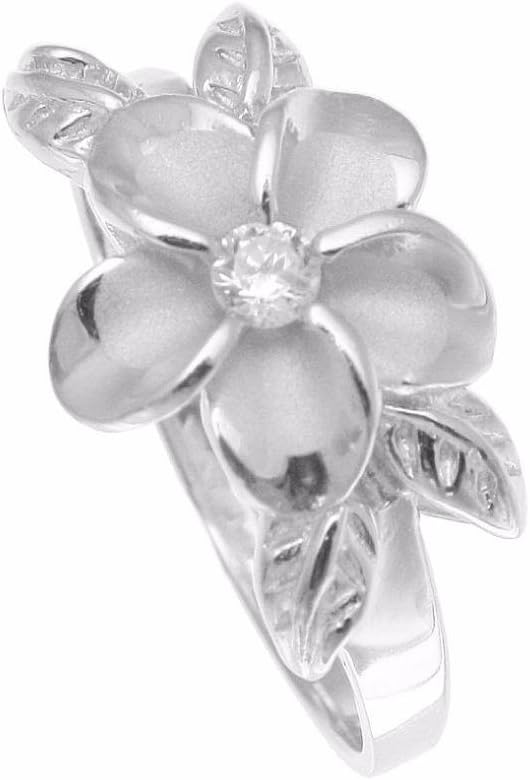 Arthur's Jewelry Sterling Silver 925 Hawaiian 12mm Plumeria Flower cz 4 Maile Leaf Ring Rhodium Plated Size 3-10