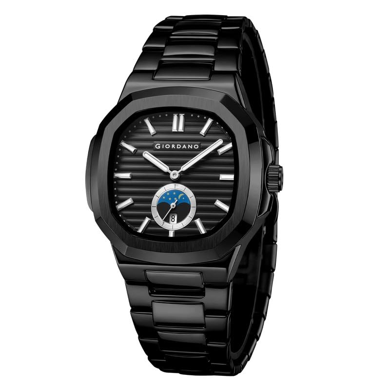 Giordano Analog Watch for Men – Classic Moon Phase Design with Textured Dial, Durable Stainless Steel Strap, and Date Display