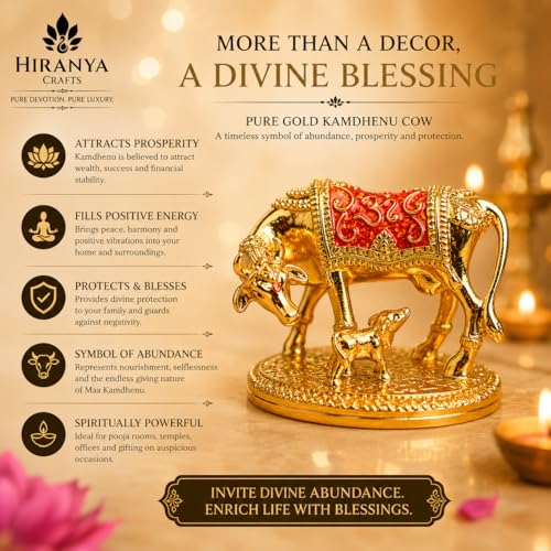 Image of 24k Gold Plated With Hand-Painted Mina Kamdhenu Cow with Calf | Attracts Prosperity | Vastu Gift Housewarming | Certificate of Authenticity | Luxury Gift Box Included (Gold Mina, 2.5 Inch)