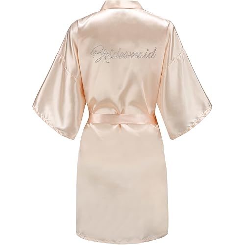 EPLAZA Women's One Size Silver Rhinestones Bride Bridesmaid Short Satin Robes for Wedding Party Getting Ready
