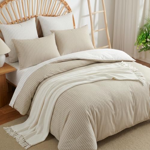 Image of Nayoroom Striped Duvet Cover Queen Size Reversible Brown White Striped Duvet Cover Girls Dorm Bedding Set 3 Pieces Soft Lightweight Washed Microfiber Farmhouse Bedding Set