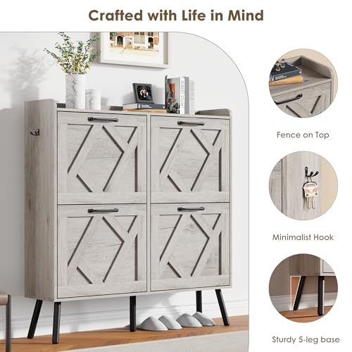 Image of Nicetree Shoe Cabinet with 4 Flip Drawers, Freestanding Shoe Organizer Cabinet, Farmhouse Narrow Shoe Storage Cabinet for Entryway, Foyer, Hallway