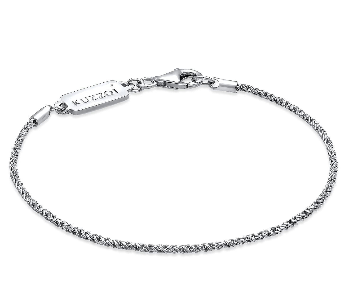 Kuzzoi Pulsera de plata de ley 925 maciza para hombre, hecha a mano, de 2 mm, con mosquetón, 0208551021, 23 centimeters, Plata de ley