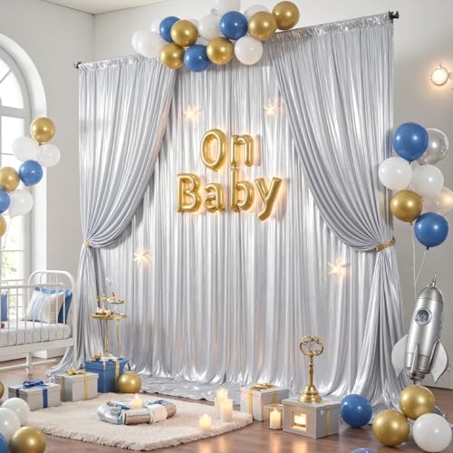 10x10ft Silver Backdrop Curtains Wedding Party Glitter Sequin Curtain Backdrop Photo Fabric Shimmer Drapes Backdrop Bridal Baby Shower Birthday Christmas Photoshoot Background 5x10FT, 2 Panels by Little Funny - Used condition - Image 4