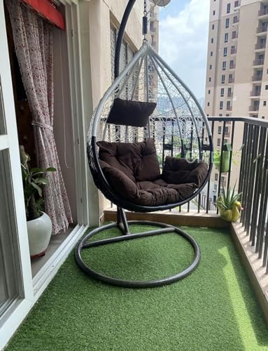 Image of Rattan Single Seater Swing Chair with Stand and Cushion Hammock Swing for Adult Outdoor Indoor Garden Living Room Balcony Hanging Chair (White & Brown)