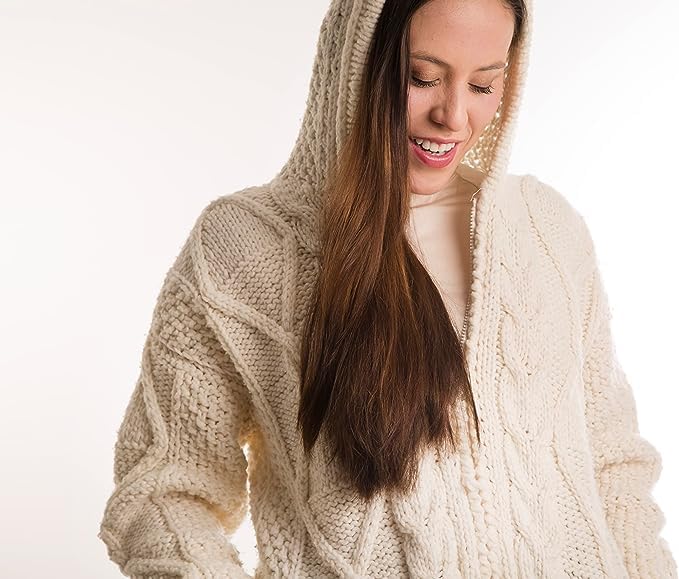 100% Sheep Wool Aran Cable Knit Hooded Zip Cardigan Sweater (Beige, Large)4