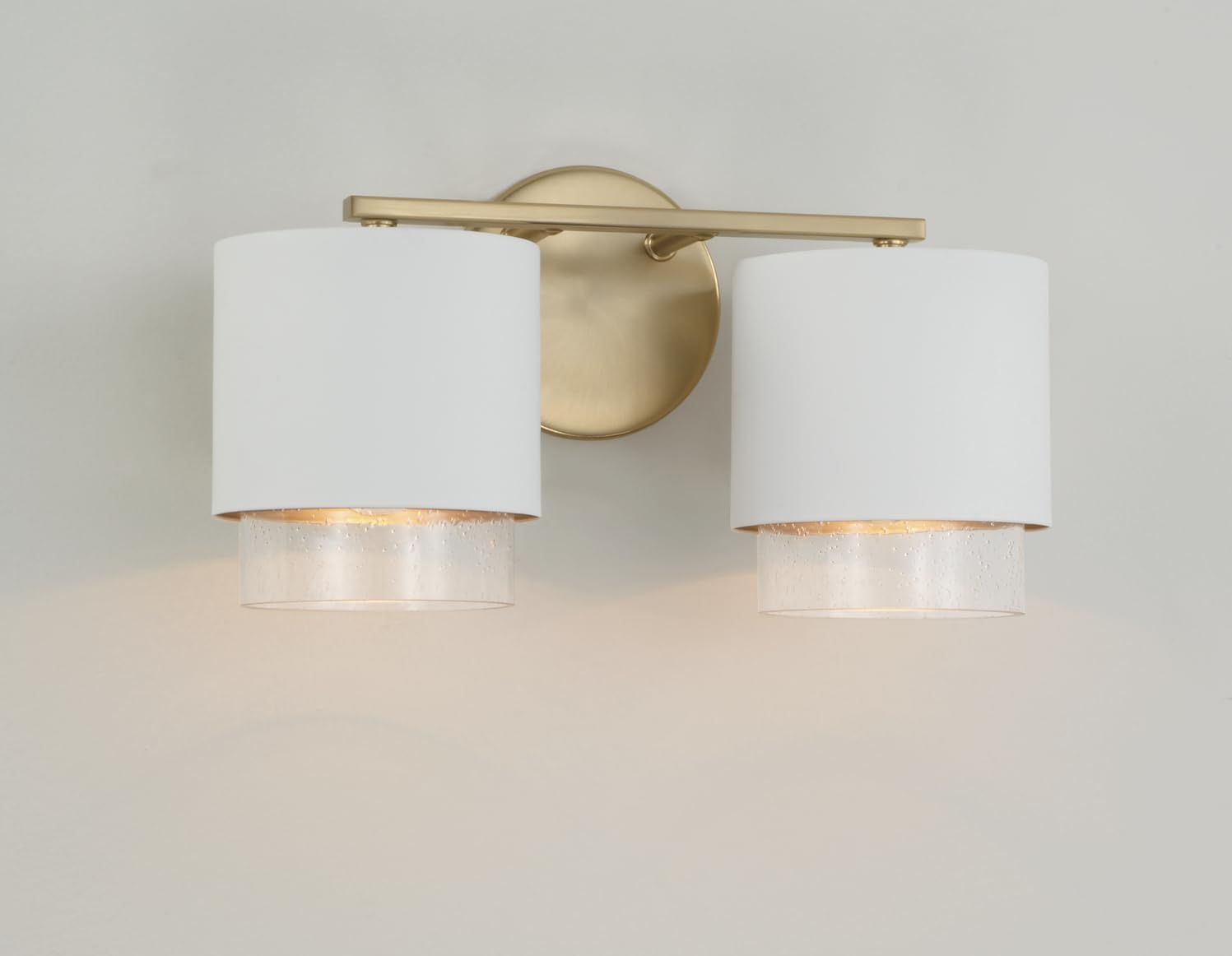Capital Lighting 153021RE-549 Weller Modern Clear Seeded Glass/White Metal Dual Shade Cylindrical Bathroom Vanity, 2-Light 200 Total Watts, 8" H x 15" W, Matte Brass