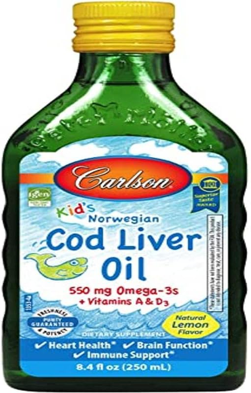 Carlson - Kid&amp;#39;s Cod Liver Oil, 550 mg Omega-3s, Vitamins A &amp; D3, Wild Norwegian, Lemon, 250 mL