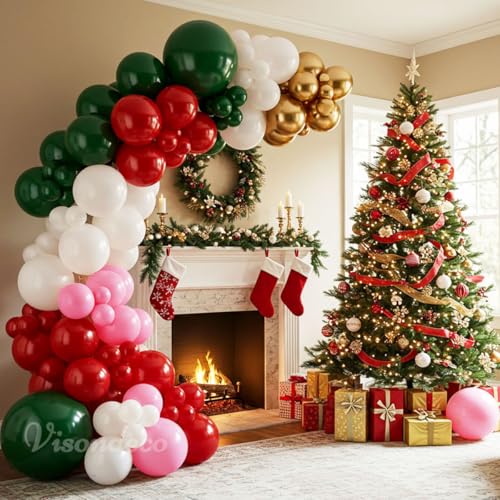 Image of Christmas Balloon Arch Kit - Green, Pink, Red, White & Gold Balloons | Double-Stuffed for fuller color, Pink Xmas balloon arch for Merry Christmas party decorations
