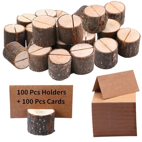 PLAZOTTA 100 Pack Rustic Wooden Place Card Holders with 100 Kraft Cards, Table Number Holder, Photo Display Stand, Memo Card, Food Label Holder for Wedding, Party, Craft