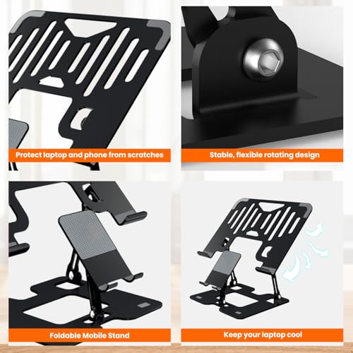 Image of Dyazo 2 in 1 Laptop & Mobile Stand | Foldable Riser with Ventilated Design | Multi Angle Adjustable Height Holder Fit Upto 15.6 Inch Laptops | Compatible for Mac, HP, Dell, Acer, Lenovo & More (Black)