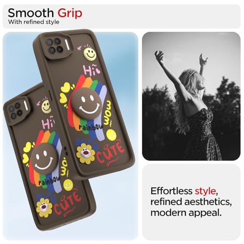 Image of Pikkme Back Cover for Oppo F17 | Soft Silicone| Cute Rainbow Smile & 3D Cartoon Flower Design | Shockproof Raised Camera Protection Bumper Case (Brown)
