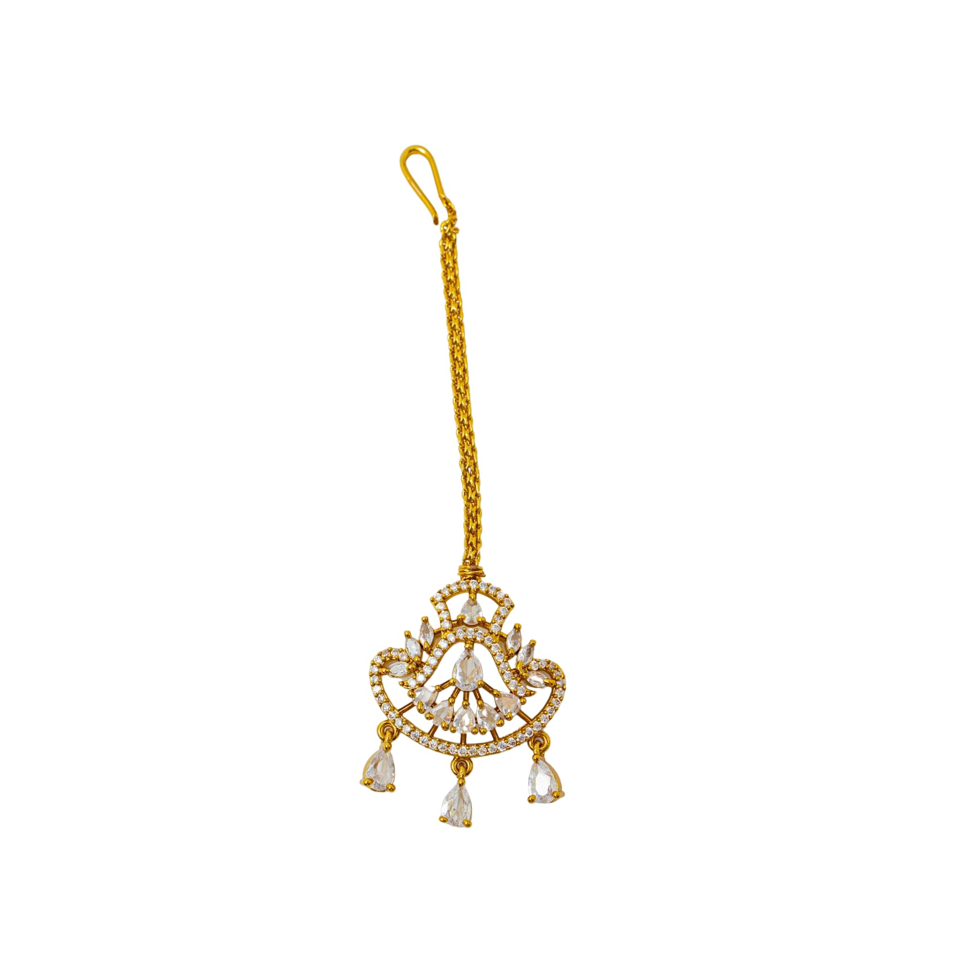 Gold Maang Tikka with White Stones, Traditional Indian Bridal Jewellery, Chain Design-image-17