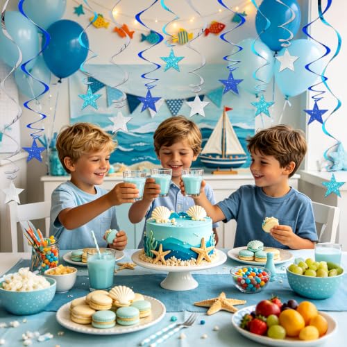 Image of BEISHIDA Blue Blue Silver Pre-Strung Glitter Stars Hanging Swirls Hanging Ornament Decorations for Birthday Party Baby Shower Congrats Grade Graduation Decorations,Pack of 15