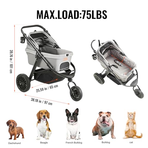Image of VEVOR Large Pet Stroller for Dogs Cats up to 75lbs, 3 Wheels Folding Cat Dog Stroller, Portable Pet Jogging Stroller with Storage Basket, Adjutable Handle Height and Zipperless Canopy