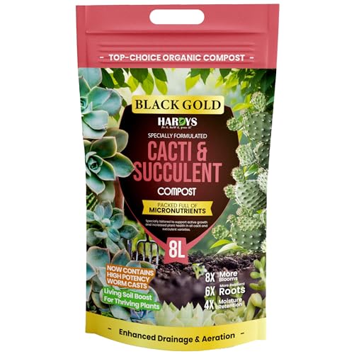 Hardys Black Gold Cacti & Succulent Soil Potting Mix, 8L - Organic Worm Cast Cactus Soil with Loam, Bark, Perlite - 10/10/10 NPK for Desert Plants - Ready Use Potting Compost Mix