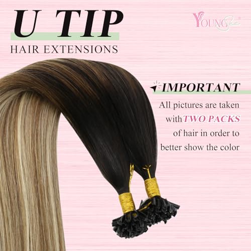 Image of YoungSee U Tip Extensions Human Hair Balayage Utip Hair Extensions Human Hair Brown with Blonde Balayage K Tip Hair Extension Real Hair Ombre Long Hair 24In for Date Nights 50s /50g