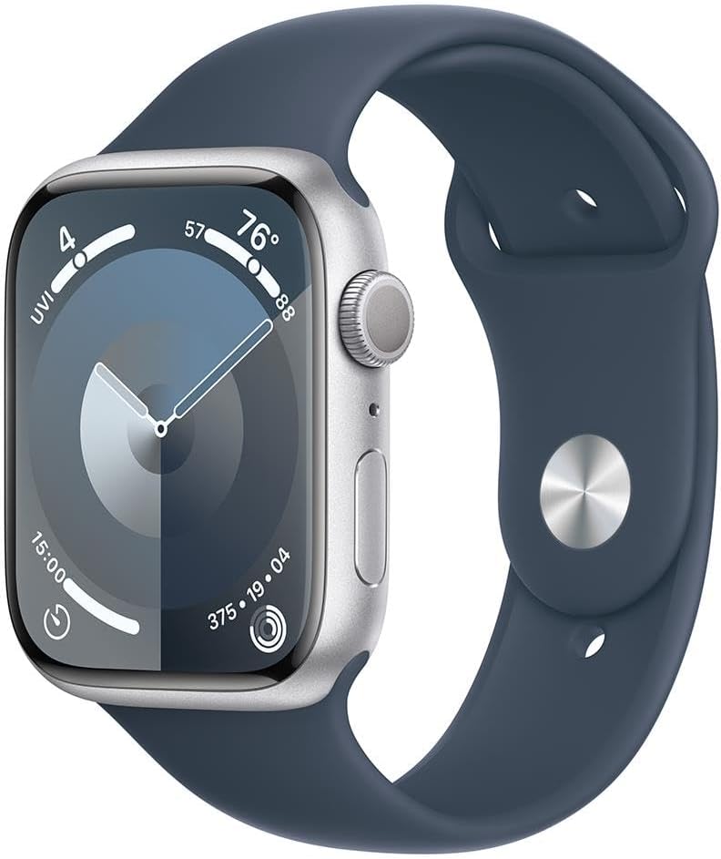 Apple Watch Series 9 [GPS, 45mm] - Silver Aluminum Case with Storm Blue Sport Band, M/L (Renewed)