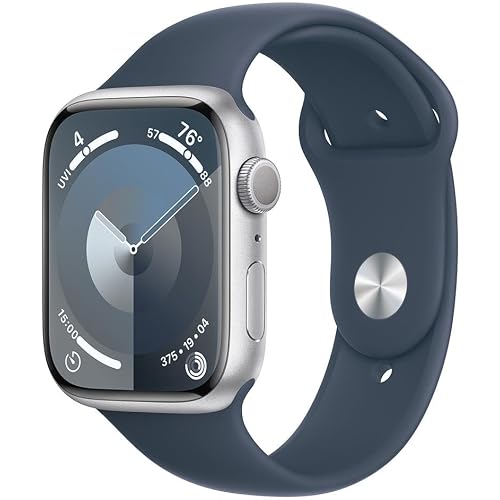 Apple Watch Series 9 [GPS, 41mm] Silver Aluminum Case with Storm Blue Sport Band, M/L (Renewed)