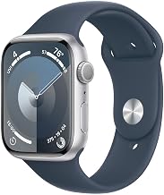 Apple Watch Series 9 [GPS, 45mm] - Silver Aluminum Case with Storm Blue Sport Band, M/L (Renewed)