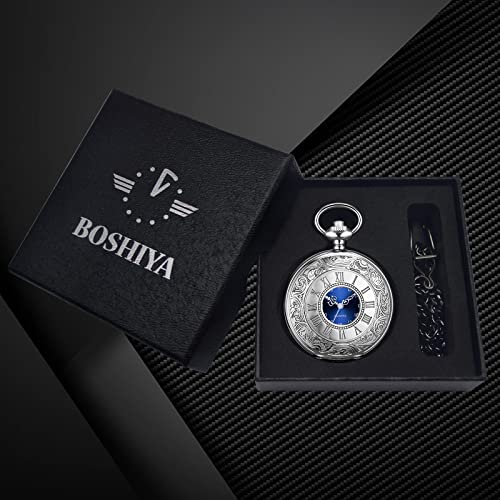 Boshiya Vintage Pocket Watch With Chain, Mens Quartz Silver Pocket Watch With Roman Numerals Scale And Unique Blue Dial Apply To Christmas Graduation Birthday Gifts Fathers Day #TOP4