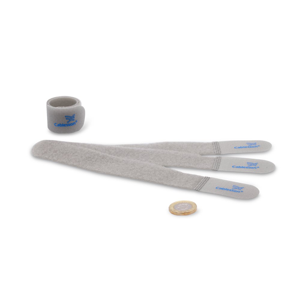 Cablesson Reusable Releasable Hook and Loop Nylon Cable Ties - Pack of 20 - Chunky Pack - Straps and Keep wire cord tidy - Grey