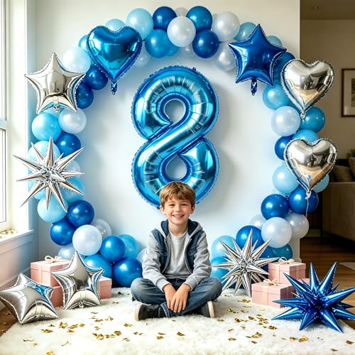 Image of TONIFUL 8th Birthday Balloons Kit 40 Inch Blue Large Number 8 Foil Balloon