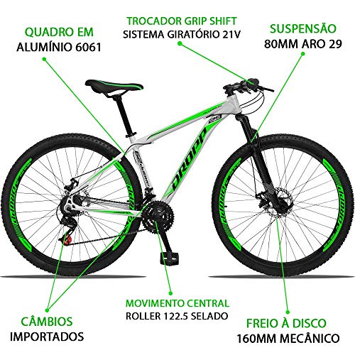 Bicicleta Aro 29 Quadro 15 Alumínio 21 Marchas Freio a Disco Mecânico Branco/Verde - Dropp