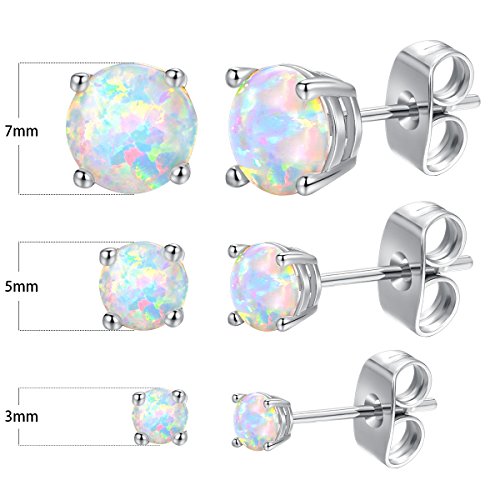 Gemsme 18K White Gold Plated 3/5/7Mm Round Opal Stud Earrings Pack Of 3 #TOP1