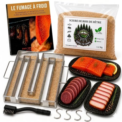 Générateur/Serpentin de Fumée Froide pour Fumoir Viande et Poisson + 1.2kg de Sciure de bois de hêtre + 4 crochets et 1 Brosse de nettoyage - Guide...