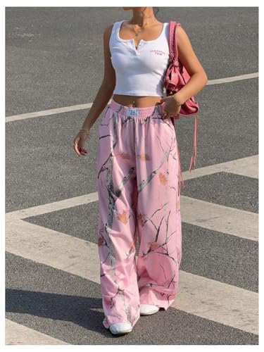 Women's Plus Size Camo Branch Print Baggy Pants Elastic Waist Wide Leg Sweatpants Causal Trousers with Pockets4