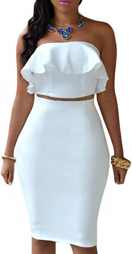 Eiffel Women's Off Shoulder Ruffle Crop Top Pencil Skirt Dress Two-piece Set (X-Large, White-1)