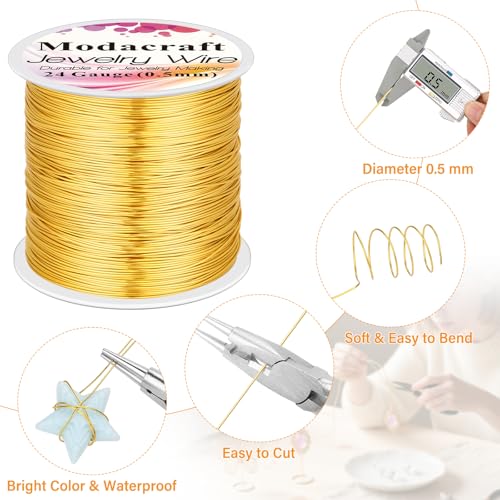 Image of ModaCraft 24 Gauge Sweet Spot Jewelry Wire Gold (213ft /65m) + 4-in-1 Comfort Grip Pliers | Tarnish Proof Copper Craft Wire for Wire Wrapping, Beading & Charm Bracelets | Jewelry Making Starter Kit