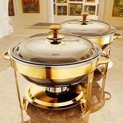 Chafing Dishes for Buffet, 4 Pack 5QT Round Stainless Steel Chafing Dish Set for Home Parties, Christmas Gatherings, Catering Events Complete Buffet Warmer Set (Golden 2)