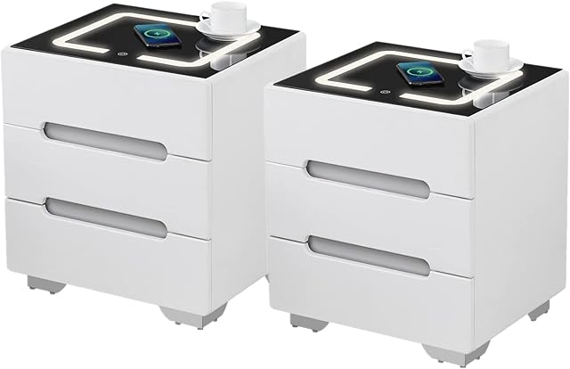 OFCASA 3 Drawers Bedside Tables Set of 2 Smart Bedside Table with Wireless Charging Adjustable LED Lights Black Tempered Glass Top Wood Nightstand for Bedroom