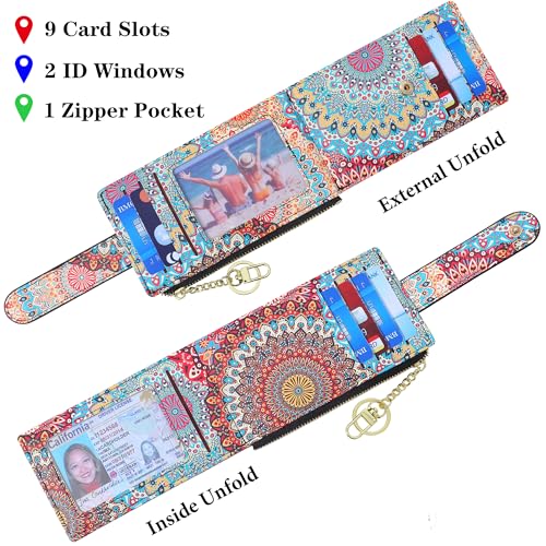 Image of Badiya Slim Women Wallet RFID Blocking Bifold Compact 9 Card Slots Holder Wallets Soft Leather with Zipper Coin Pocket 2 ID Window