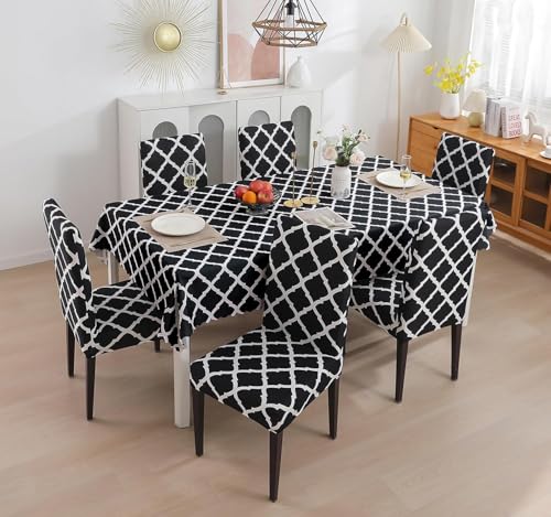 Image of Styleys Dining Chair Cover with Table Covers for Kitchen Waterproof Dining Table Cloth (1 Table Cover + 6 Chair Cover, Black Check, CTSLMC155)